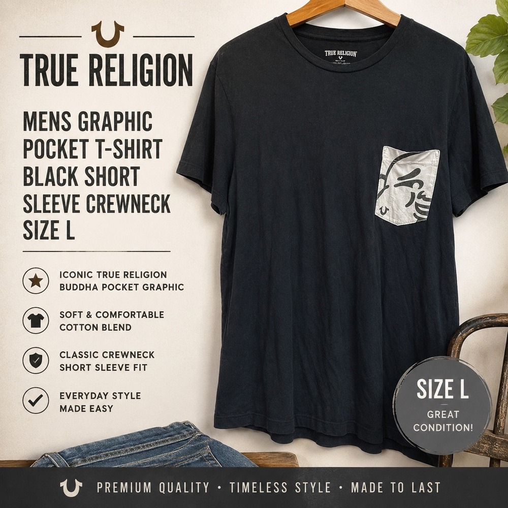 True Religion Mens Graphic Pocket T-Shirt Black Short Sleeve‎ Crewneck Size L